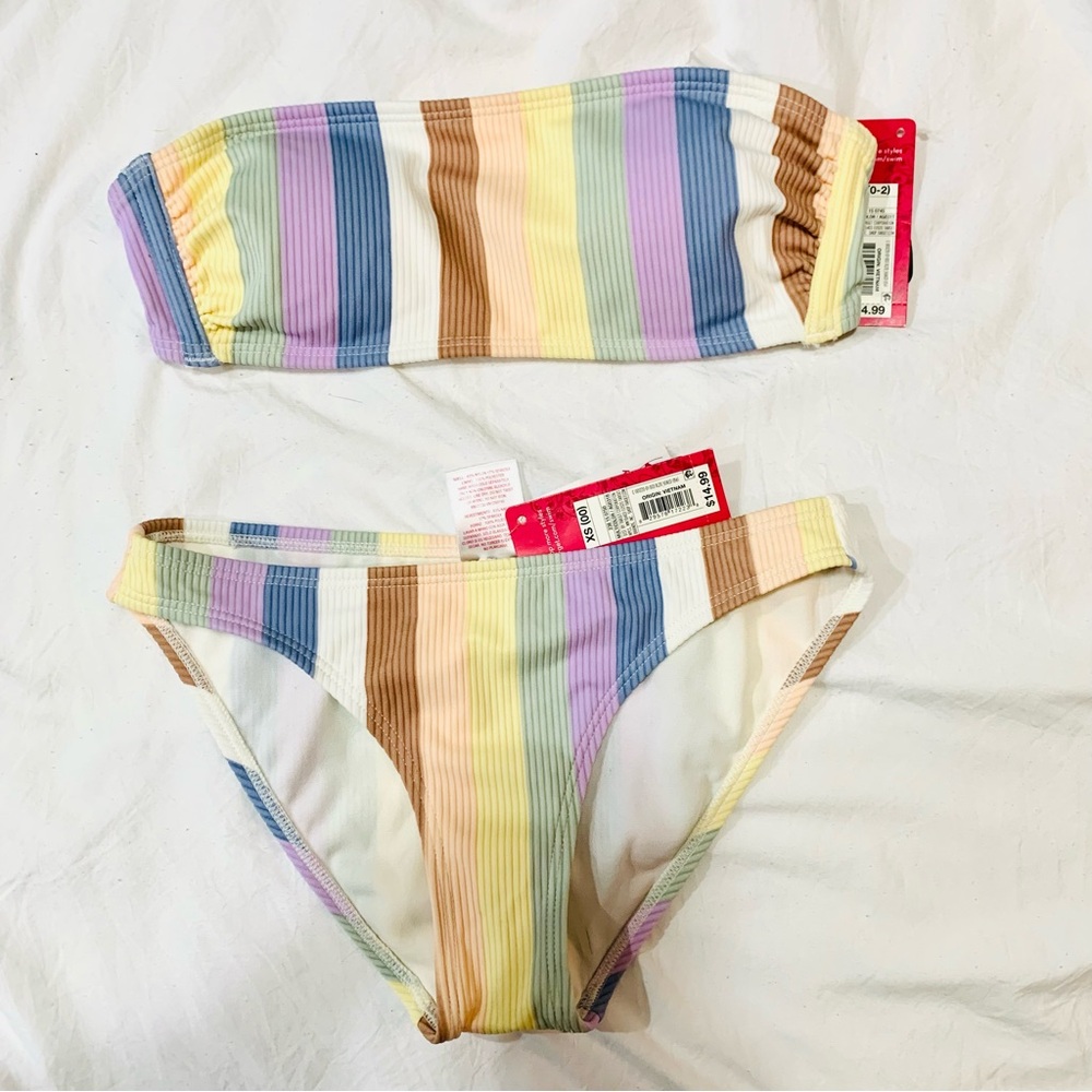Striped Bandeau Bikini Set, beach swim yellow white green tan blue light pink